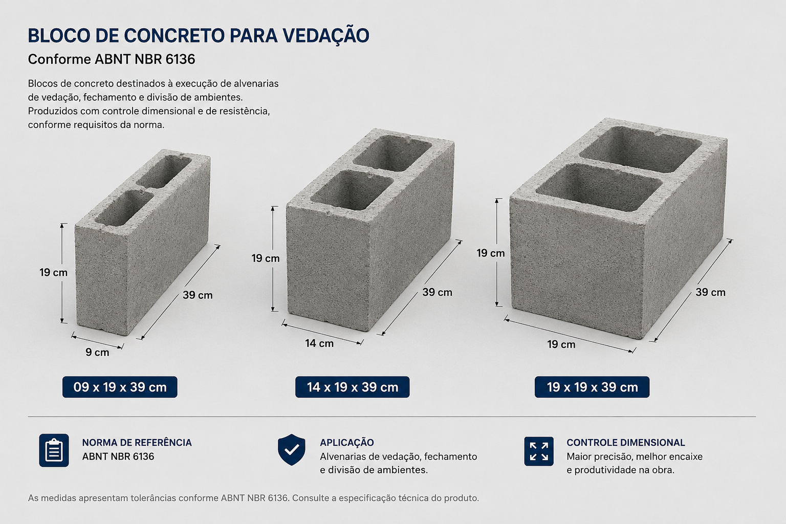 Bloco de concreto para vedação LCS — 9×19×39, 14×19×39 e 19×19×39 cm, conforme ABNT NBR 6136