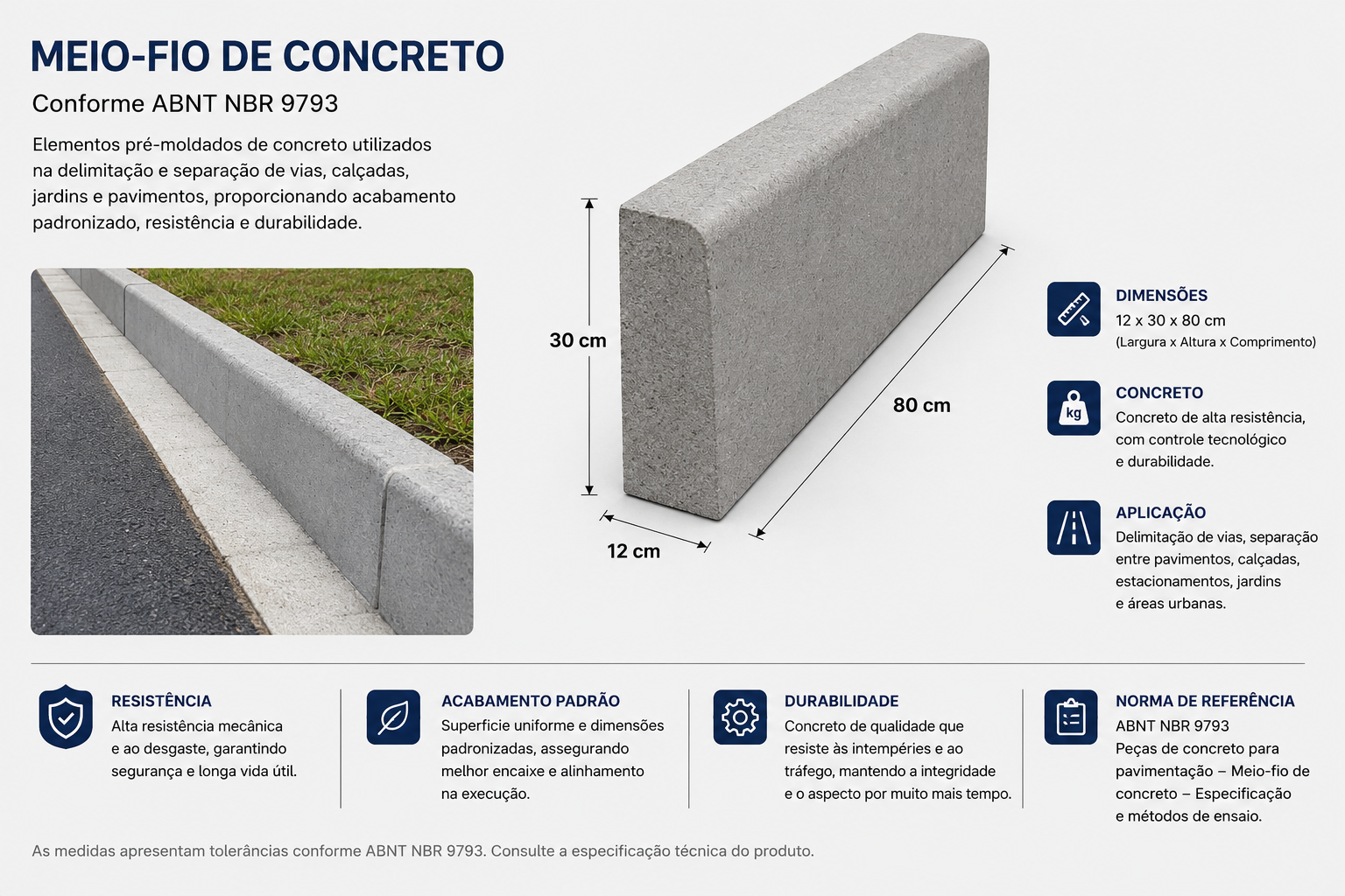 Meio-fio de concreto LCS — 12×30×80 cm